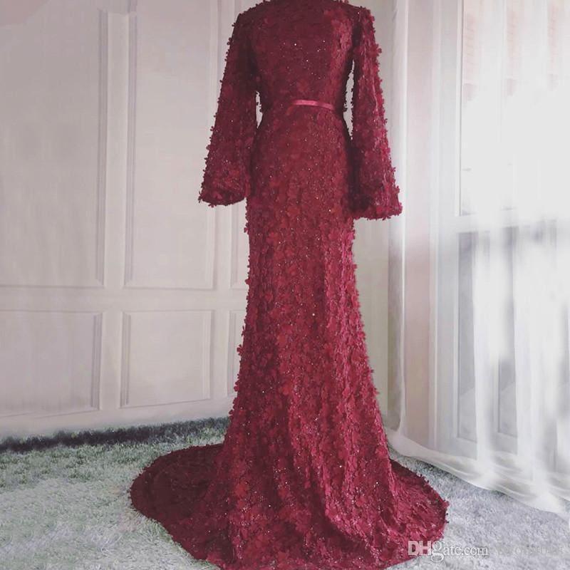 Long Sleeves Mermaid Muslim Fashion Elegant Tulle Formal Evening Gown Dress - winered / 10 - GOWN