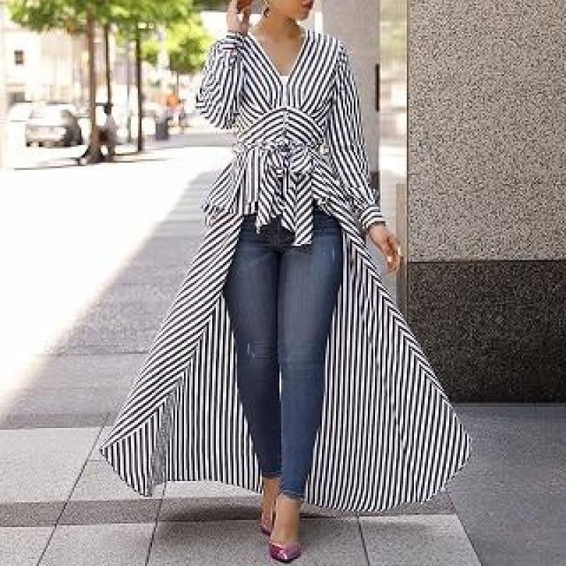 Long Tail V-Neck Top Striped Tie Waist Dip Hem Irregular Blouse - Black / L - Long Sleeve