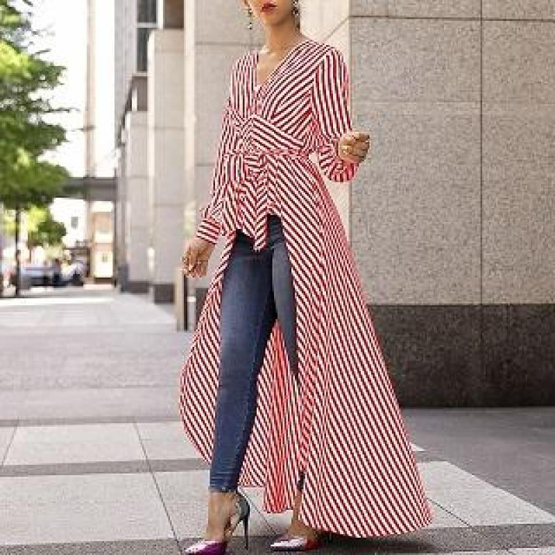 Long Tail V-Neck Top Striped Tie Waist Dip Hem Irregular Blouse - Red / L - Long Sleeve