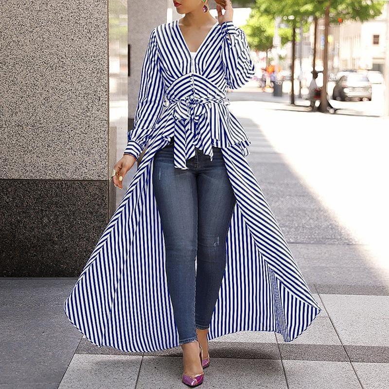 Long Tail V-Neck Top Striped Tie Waist Dip Hem Irregular Blouse - TeresaCollections