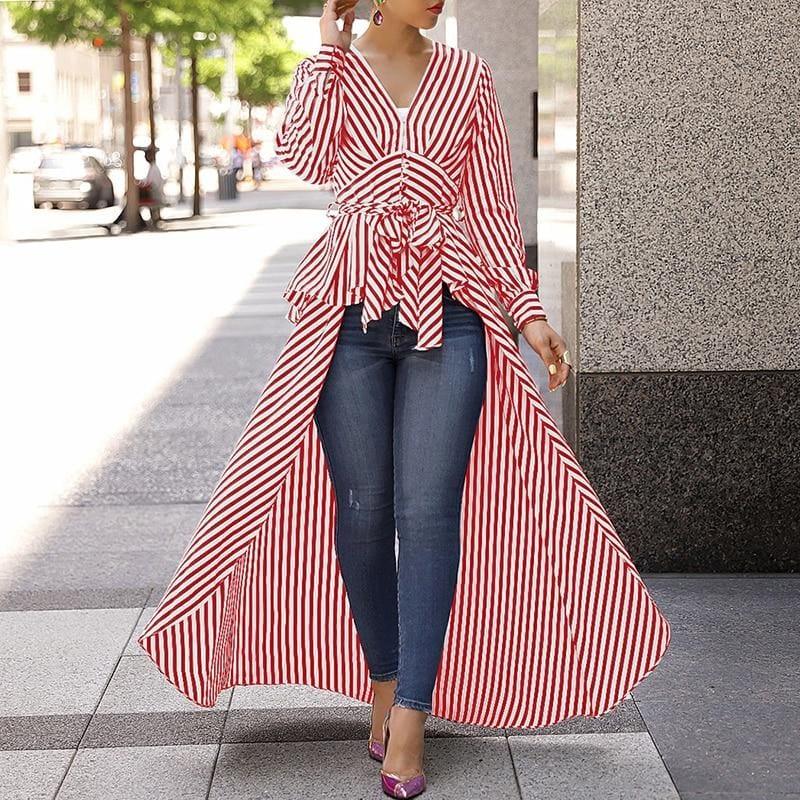 Long Tail V-Neck Top Striped Tie Waist Dip Hem Irregular Blouse - Long Sleeve