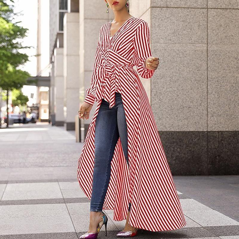 Long Tail V-Neck Top Striped Tie Waist Dip Hem Irregular Blouse - Long Sleeve