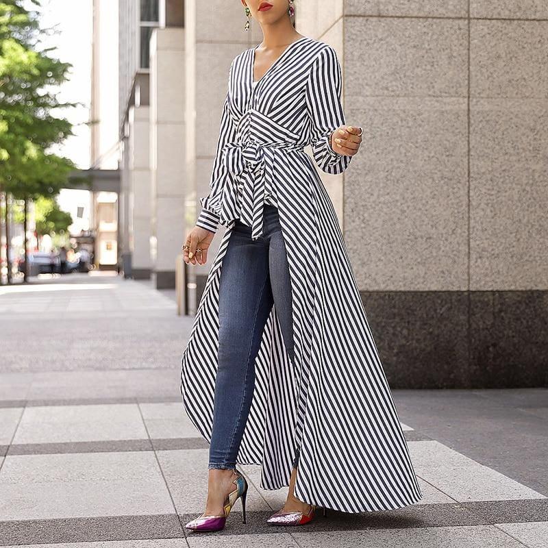 Long Tail V-Neck Top Striped Tie Waist Dip Hem Irregular Blouse - Long Sleeve