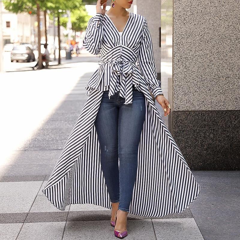 Long Tail V-Neck Top Striped Tie Waist Dip Hem Irregular Blouse - Long Sleeve