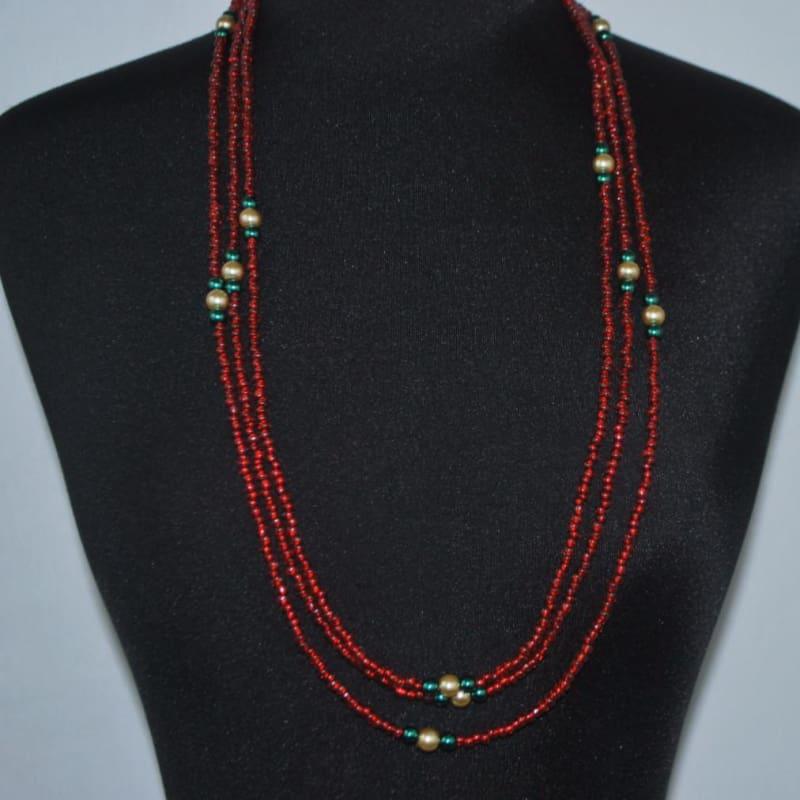 Long Three Strands Red With Green Ascent Necklace - Handmade