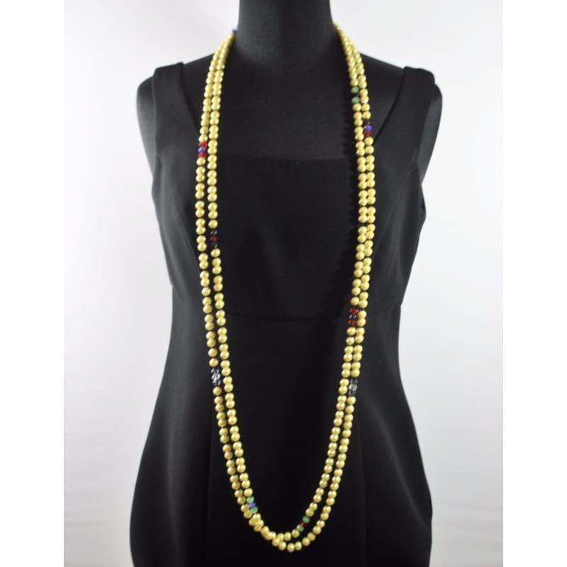 Long Yellow Glass Pearls With Crystal Ascent Beaded Necklace - Handmade