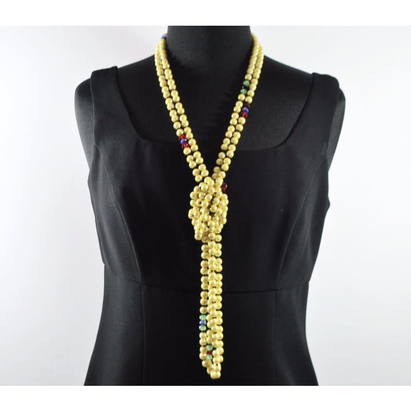 Long Yellow Glass Pearls With Crystal Ascent Beaded Necklace - Handmade