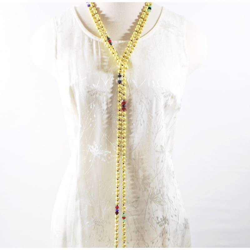 Long Yellow Glass Pearls With Crystal Ascent Beaded Necklace - TeresaCollections