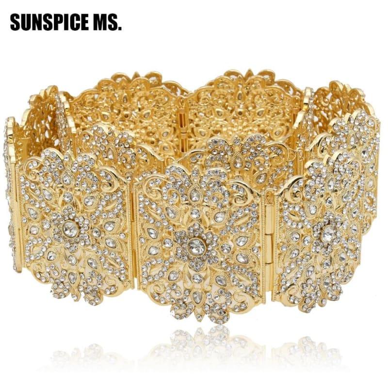 Luxurious Gold-Color Rhinestone Belly Chains Crystal-Studded Wide Waist Adjustable Roman Belt