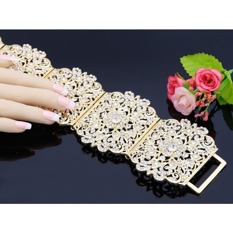 Luxurious Gold-Color Rhinestone Belly Chains Crystal-Studded Wide Waist Adjustable Roman Belt
