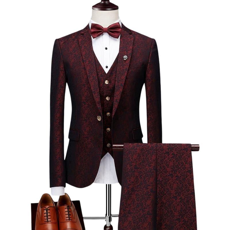 Luxury Blue and Burgundy Floral Three Piece Mens - Mens Suits
