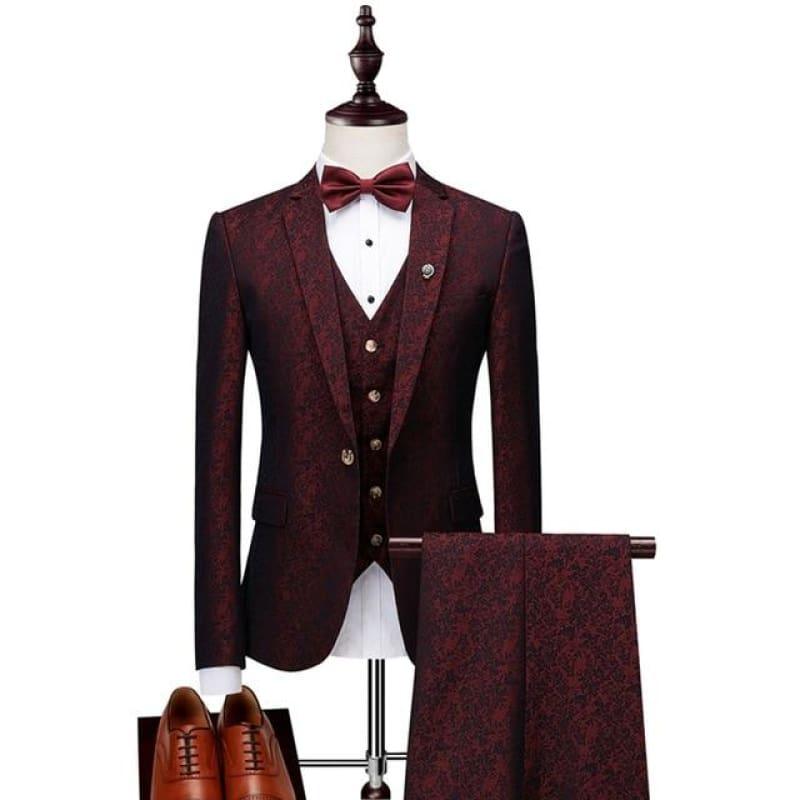 Luxury Blue and Burgundy Floral Three Piece Mens - Burgundy / XXXL - Mens Suits