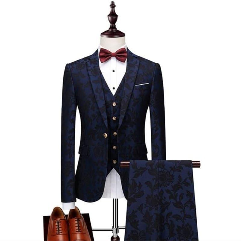 Luxury Blue and Burgundy Floral Three Piece Mens - Blue / XXXL - Mens Suits