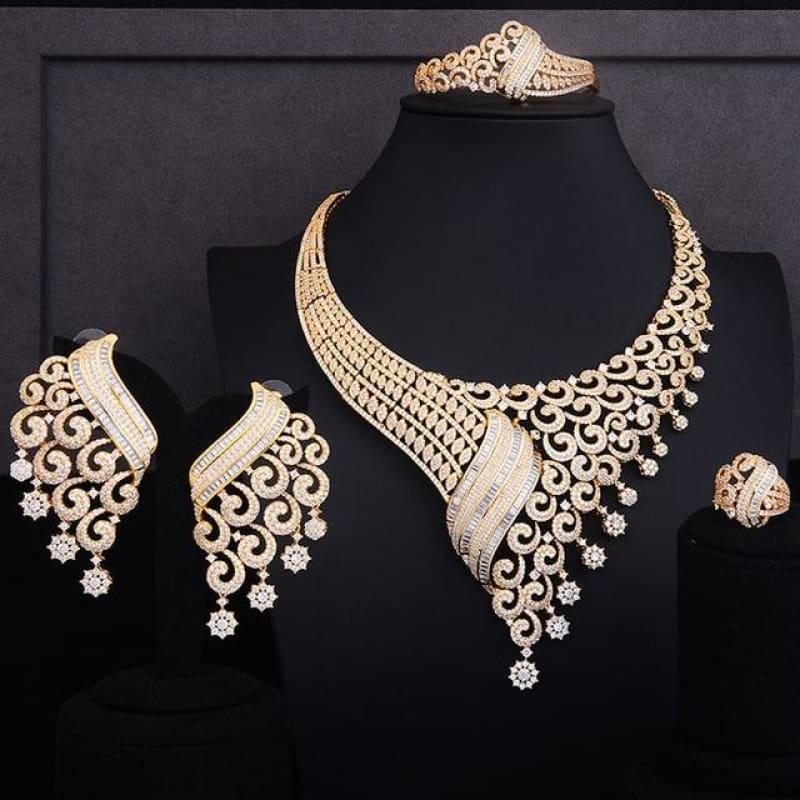 Luxury Climbing Flower Bridal Cubic Zirconia Necklace Dubai 4PCS Jewelry Set - Gold / Resizable - jewelry set