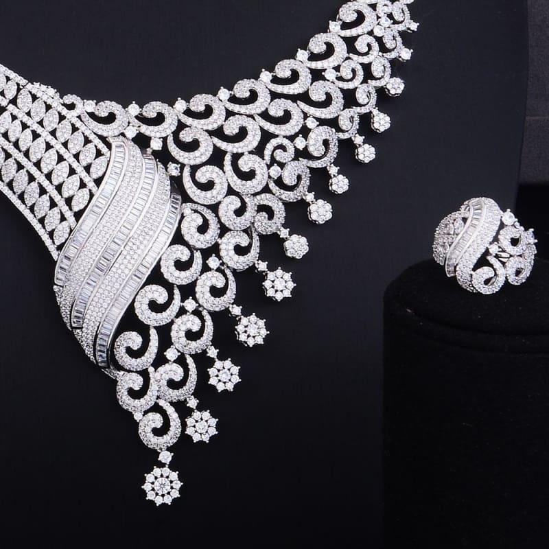 Luxury Climbing Flower Bridal Cubic Zirconia Necklace Dubai 4PCS Jewelry Set - jewelry set