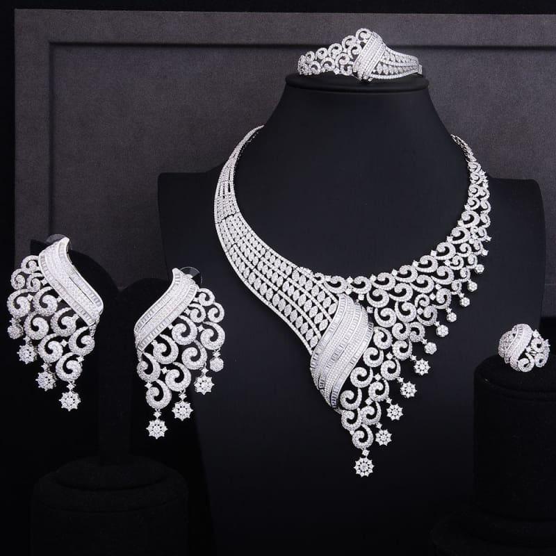 Luxury Climbing Flower Bridal Cubic Zirconia Necklace Dubai 4PCS Jewelry Set - jewelry set