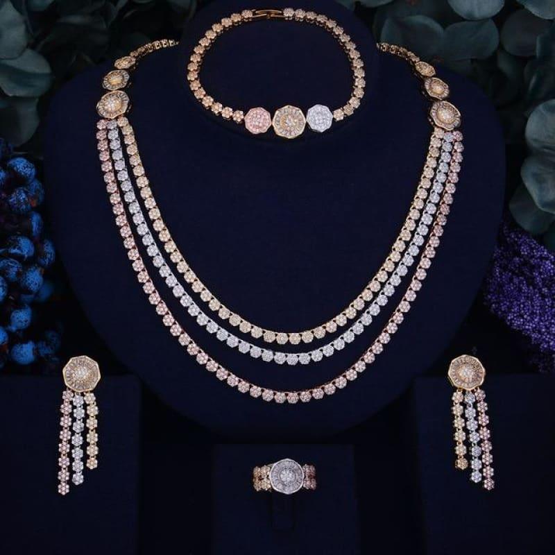 Luxury Flower Leaf Design Women Nigerian Wedding Bride Cubic Zirconia Necklace Dubai 4PCS Wedding Jewelry Set - 3 Tone Interval / Resizable