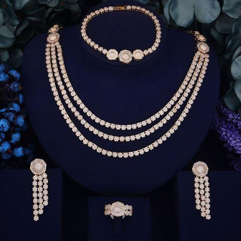 Luxury Flower Leaf Design Women Nigerian Wedding Bride Cubic Zirconia Necklace Dubai 4PCS Wedding Jewelry Set - Gold / Resizable - Jewelry