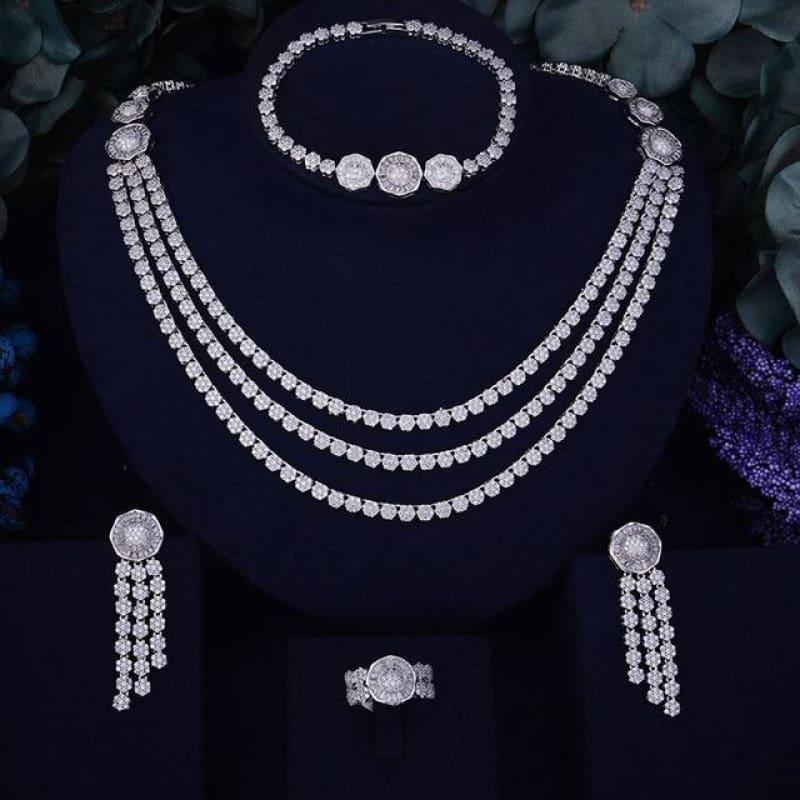 Luxury Flower Leaf Design Women Nigerian Wedding Bride Cubic Zirconia Necklace Dubai 4PCS Wedding Jewelry Set - Silver / Resizable - Jewelry
