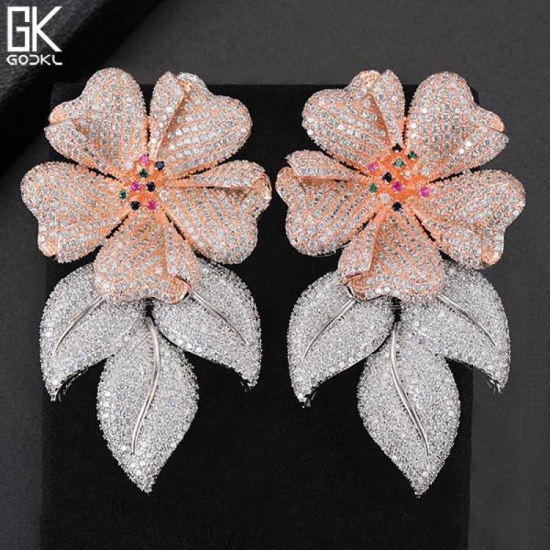 Luxury Flower Leaves Nigerian Long Dangle Earrings - Bicolor Rose Gold - earrings