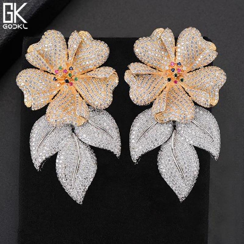 Luxury Flower Leaves Nigerian Long Dangle Earrings - Bicolor - earrings