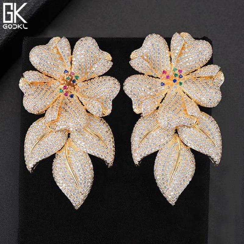 Luxury Flower Leaves Nigerian Long Dangle Earrings - Gold - earrings