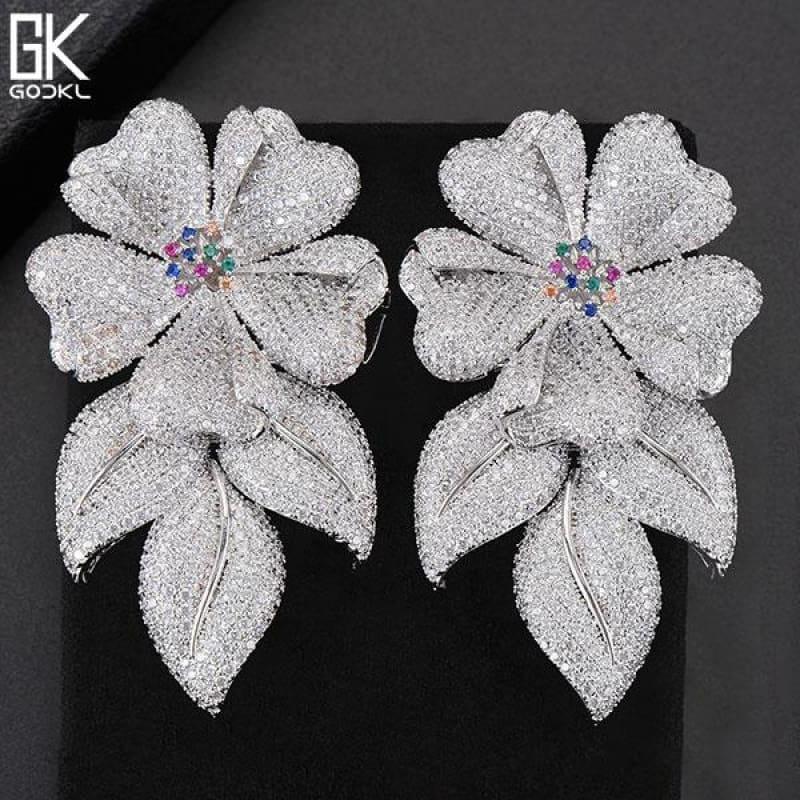 Luxury Flower Leaves Nigerian Long Dangle Earrings - Silver - earrings