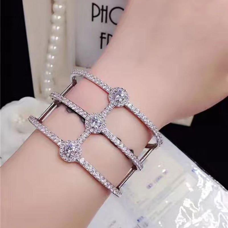 Luxury Full Micro Cubic Zirconia Pave Setting Engagement Party Silver Bangle Ring Jewelry Set - Jewelry set