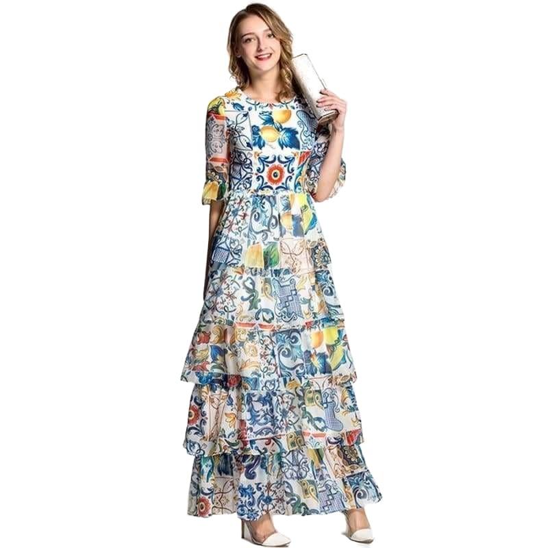 Luxury Half Flare Sleeve Fashion Patchwork Print Porcelain Romantic Sexy Maxi Dress - Multi / S - Maxi Dress