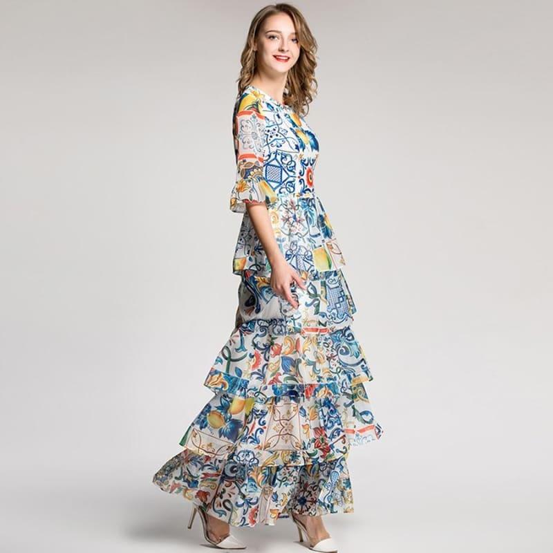 Luxury Half Flare Sleeve Fashion Patchwork Print Porcelain Romantic Sexy Maxi Dress - Maxi Dress