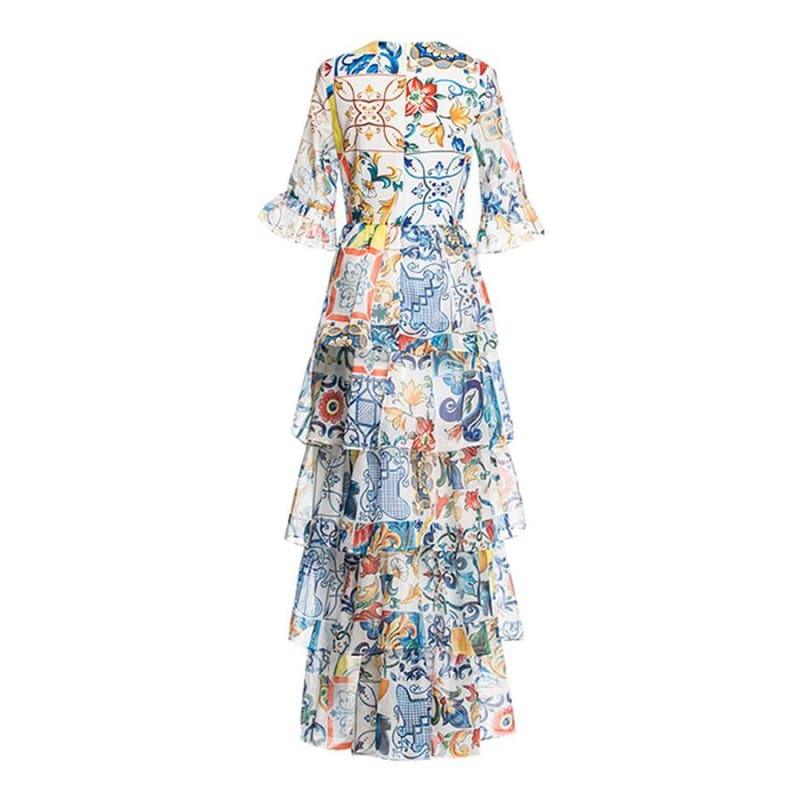 Luxury Half Flare Sleeve Fashion Patchwork Print Porcelain Romantic Sexy Maxi Dress - Maxi Dress