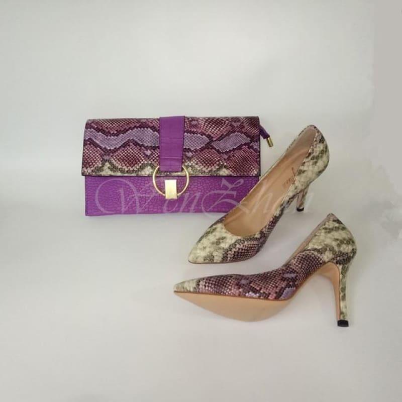 Luxury Lady Shoes Fashion Snake Leather High Heels Party Matching Clutch Handbag And Pumps Sets - TeresaCollections