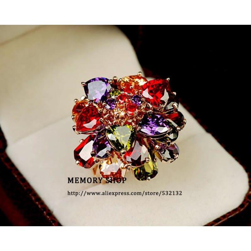 Luxury Multi Color AAA Cubic Zirconia Crystal Big Flower Chunky Ring - TeresaCollections