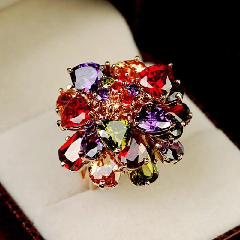 Luxury Multi Color AAA Cubic Zirconia Crystal Big Flower Chunky Ring - Ring