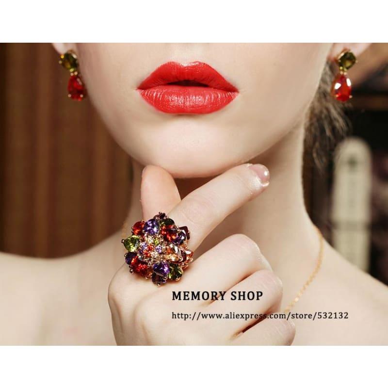 Luxury Multi Color AAA Cubic Zirconia Crystal Big Flower Chunky Ring - Ring