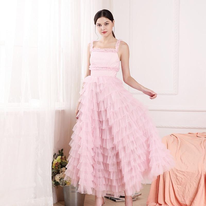 Luxury Pink Sexy Empire Waist Spaghetti Strap Ball Gown Mesh Floor Length Dress - Gown