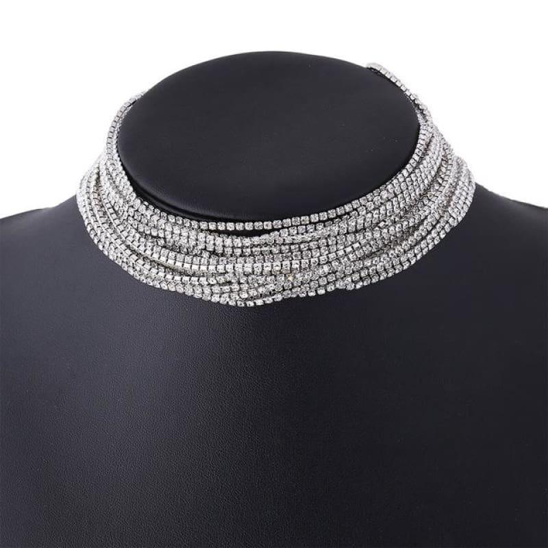Luxury Rhinestone Choker Crystal Multilayer Wedding Choker - silver