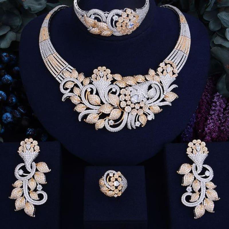 Luxury Shinning Flower Leaf Women Bridal Cubic Zirconia Necklace Dubai Dress Jewelry Set - Bicolor / Resizable - Jewelry Set