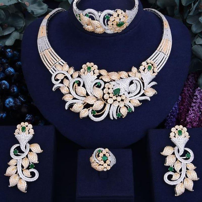 Luxury Shinning Flower Leaf Women Bridal Cubic Zirconia Necklace Dubai Dress Jewelry Set - Green / Resizable - Jewelry Set