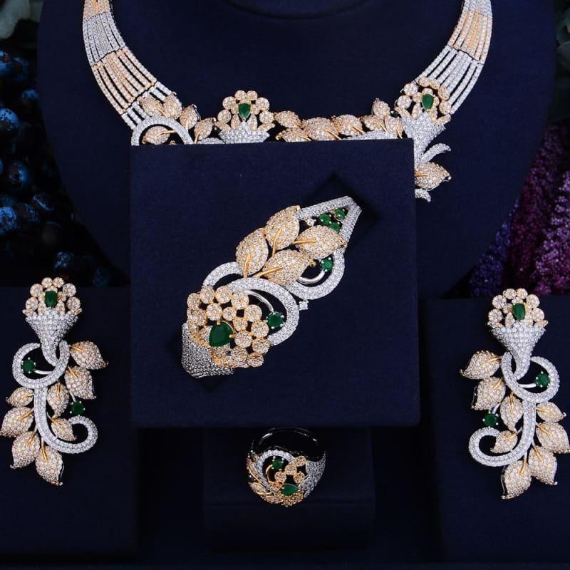 Luxury Shinning Flower Leaf Women Bridal Cubic Zirconia Necklace Dubai Dress Jewelry Set - Jewelry Set