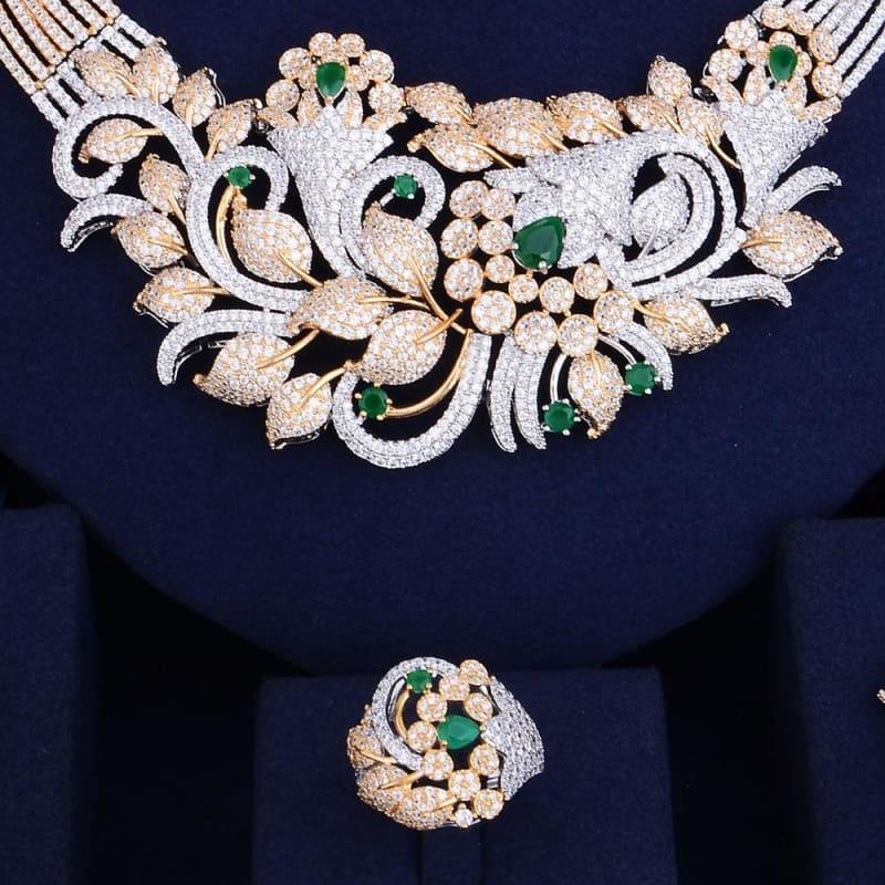Luxury Shinning Flower Leaf Women Bridal Cubic Zirconia Necklace Dubai Dress Jewelry Set - Jewelry Set