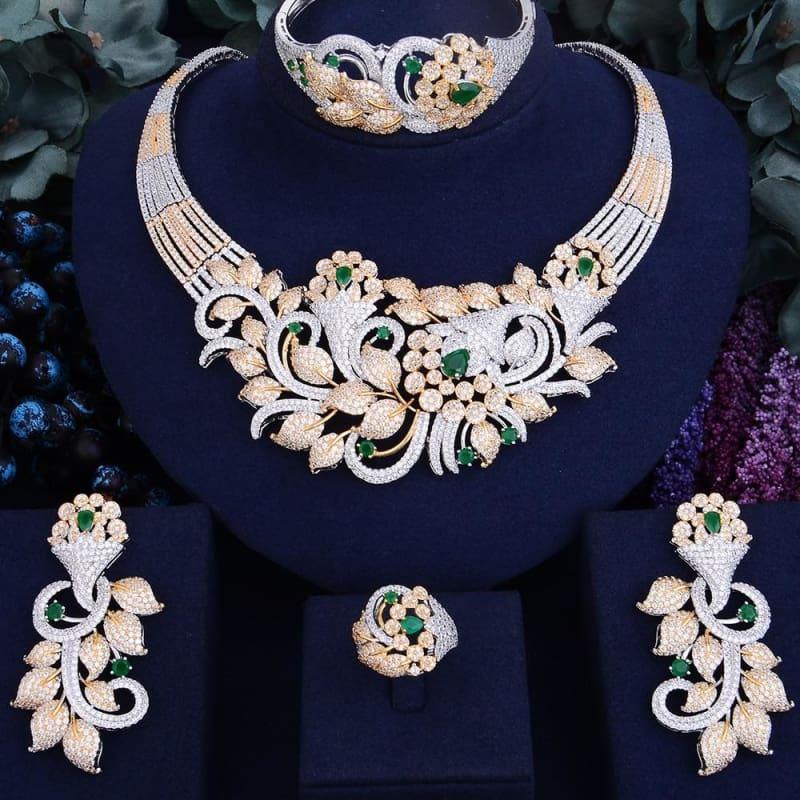 Luxury Shinning Flower Leaf Women Bridal Cubic Zirconia Necklace Dubai Dress Jewelry Set - Jewelry Set