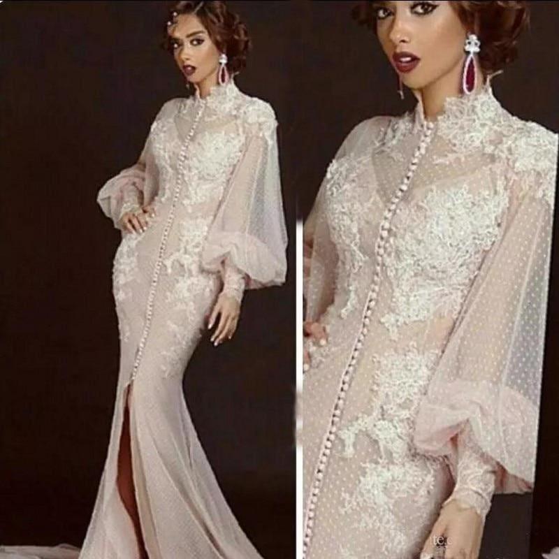 Mermaid Train Long Sleeves Tulle Lace Slit Formal Arabic Long Elegant Evening Dress - GOWN
