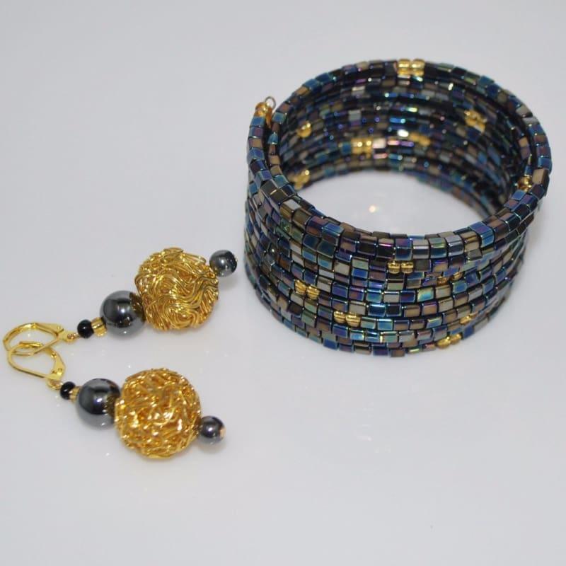 Metallic Blue Memory Wire One Size Bracelets - Handmade