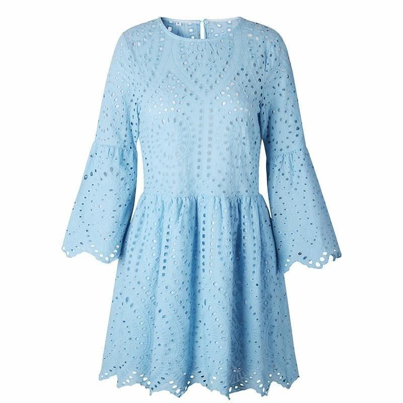 Mini Lace Sexy Dresses Women Flare Sleeve Mini Dress - blue dress / L - Short Sleeve