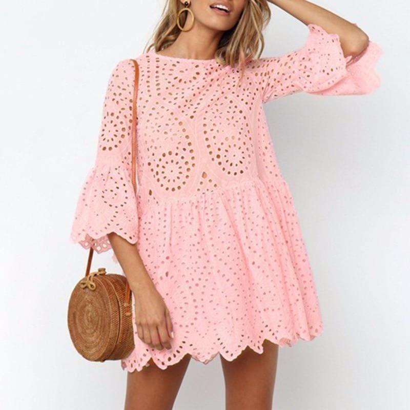 Mini Lace Sexy Dresses Women Flare Sleeve Mini Dress - Short Sleeve