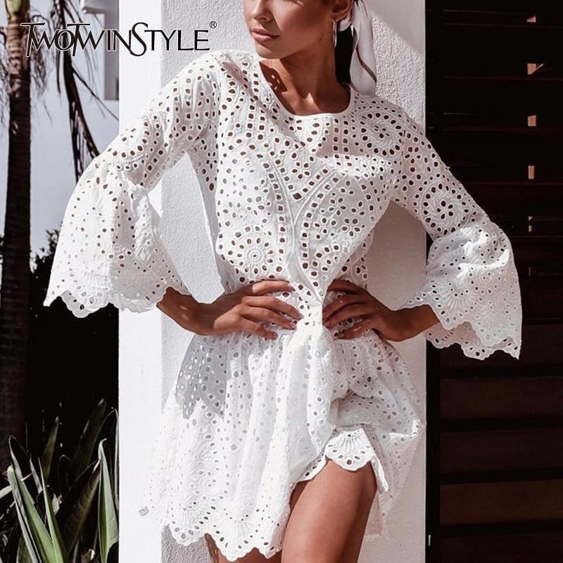 Mini Lace Sexy Dresses Women Flare Sleeve Mini Dress - Short Sleeve