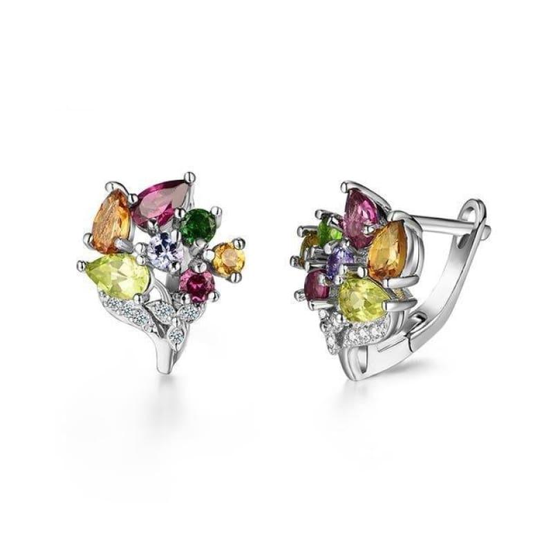 Mix Gemstone Romantic flower Design Gemstone in 925 Silver Earring - mix gemstone - Earrings