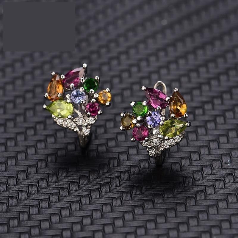 Mix Gemstone Romantic flower Design Gemstone in 925 Silver Earring - Earrings