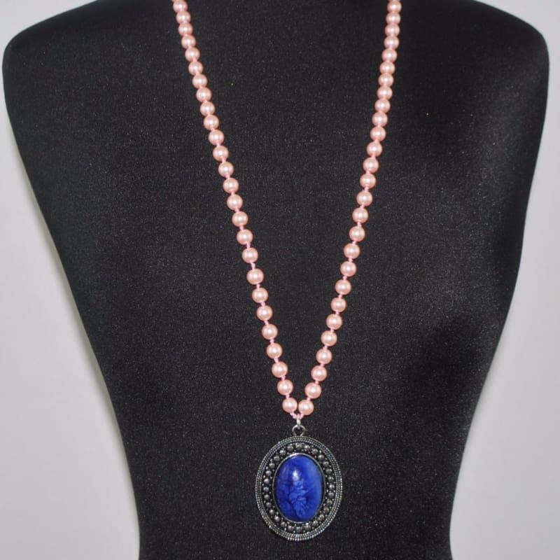 Moon Pendant Pink Glass Beaded Womens Necklace - Handmade